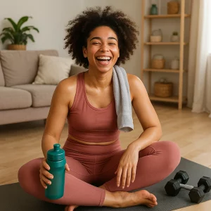Cliente souriante dans son salon après une séance de sport